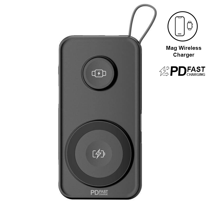 10,000mAh Universal Wireless Powerbank with inbuilt cables - Black