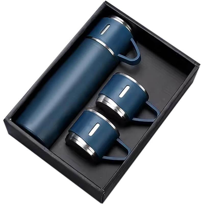 Family Set of Vacuum Flask & Two Cups - Navy Blue