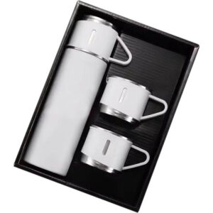 Family Set of Vacuum Flask & Two Cups - White