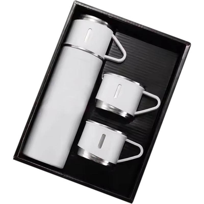 Family Set of Vacuum Flask & Two Cups - White