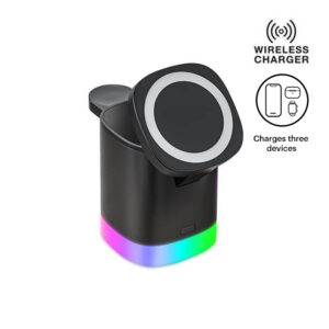 is a 3-in-1 Compact Magnetic Wireless Charger that can simultaneously charge your wireless-compatible mobile phone, earpods and smartwatch (Apple only). Becomes flat for charging with Android and other wireless charging phones. Includes RGB ring lights. Packed in a gift box.