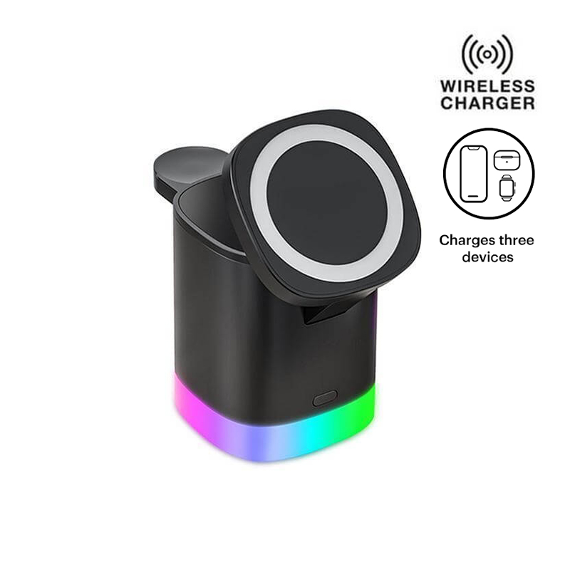 is a 3-in-1 Compact Magnetic Wireless Charger that can simultaneously charge your wireless-compatible mobile phone, earpods and smartwatch (Apple only). Becomes flat for charging with Android and other wireless charging phones. Includes RGB ring lights. Packed in a gift box.