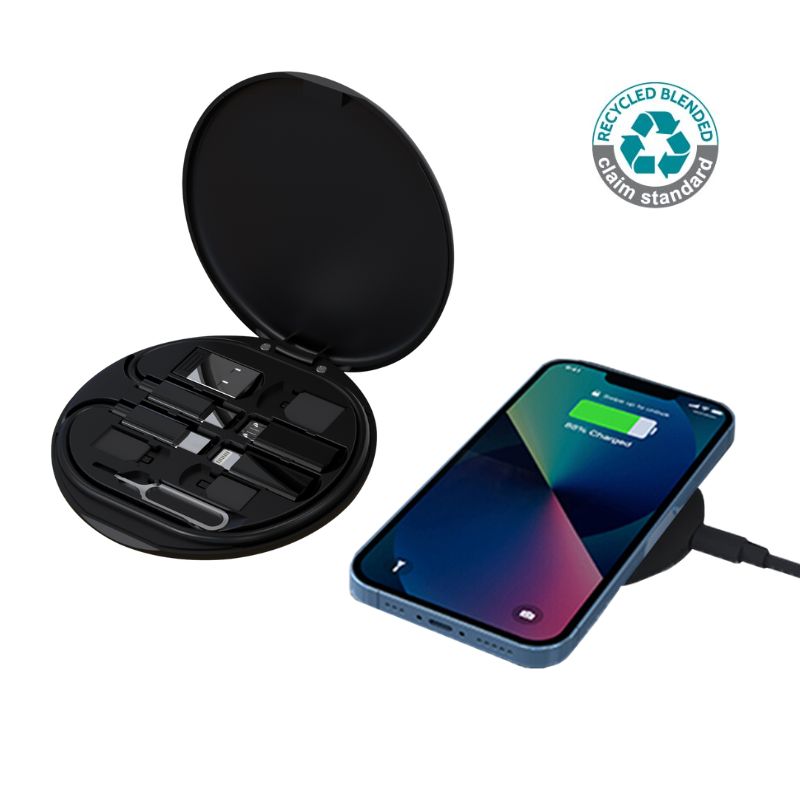 Recycled 15W Wireless Charger Multi - Cable Set - Black